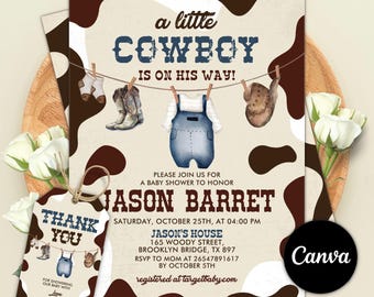 Editable A Little Cowboy Baby Shower Invitation, Wild West Baby Shower Invite, Brown Cowboy Baby Shower Invitation, Rodeo Baby