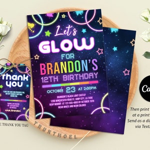 Glow Invitation, Glow Birthday Invitation Printable, Neon Glow Party Invite Instant Download, Glow In The Dark