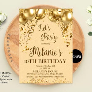 Rose Gold Birthday Invitation, Rose Gold Balloons Invite, Gold Glitter Party Theme, Rose Gold Invitation, Editable Canva Template