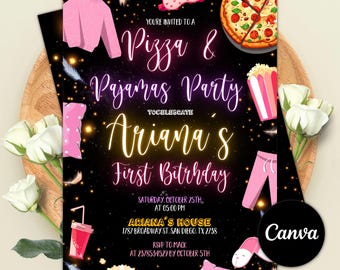Invitación de cumpleaños editable con pizza y pijamas, invitación a una pijamada, invitación a una fiesta de pijamas, invitación a una noche de cine