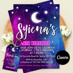 Galaxy Birthday Invitation, Stars and Moon, Canva Template (Digital Download)