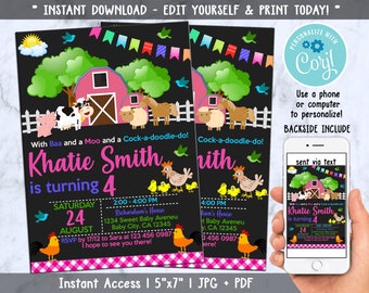 Farm Birthday Invitation, Farm Animals Chalkboard, Barnyard, Editable Invitation, Template, Instand Download - Digital Corjl