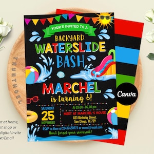 Waterslide Birthday Invitation Template, Summer Pool Party Invite, Boy or Girl Splash Party Invite, Water Slide Bash Invitation, Canva