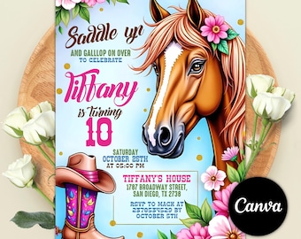 Editable Cowgirl Birthday Invitation Template, Girl Horse Birthday Invitation, Cowgirl Party Horse Invite, Pink Floral Birthday Invitation