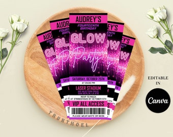 Editable Glow Party Birthday Invitation ticket, Neon Gender Neutral Invites, Dance Party Template, Neon Party Invites Editable Glow Party