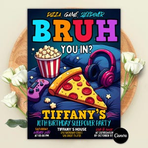 Bruh You In Sleepover Invitation, Boys Gaming Birthday, Pizza Popcorn Game Night, Editable Canva Template