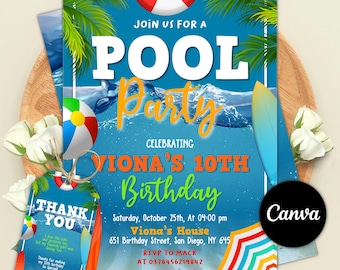 Invitación a fiesta en la piscina, Invitación de cumpleaños con fiesta en la piscina, Cumpleaños en la piscina, Fiesta en la piscina, Fiesta de verano en la piscina, Fiesta escolar en la piscina, Fiesta de natación