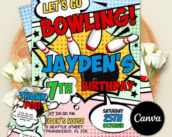 Bowling Birthday Party Invitation, Let's Go Bowling Party Invite, Glow Bowling Invitation, Editable Canva Template