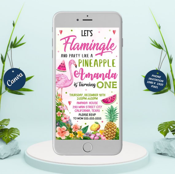 Let's flamingle e-invitation, baby pineapple birthday phone invite, flamingle invitation, Electronic Invite, smartphone, sms invitation