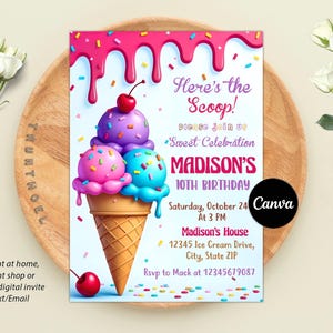 Ice Cream Birthday Invitation, Icecream Sweet Party Here&#39;s the Scoop Pink Purple Blue Girl Birthday, Digital Canva Editable Printable