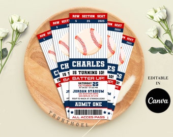 Baseball-Ticket-Einladung, Baseball-Geburtstagseinladung, Baseball-Party-Einladung, All Star, bearbeitbar mit Canva