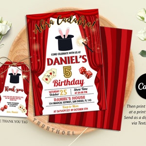 Zaubershow-Geburtstagseinladung, Zirkus-Party einladen, Zaubershow-Thema einladen, Kinder-Zauberer, bearbeitbar in Canva