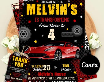 Invitación de cumpleaños de coche de carreras, fiesta de coches de carreras, fiesta de carreras, invitación de coche de carreras deportivo, invitación para niños, cumpleaños de coche, plantilla editable de Canva