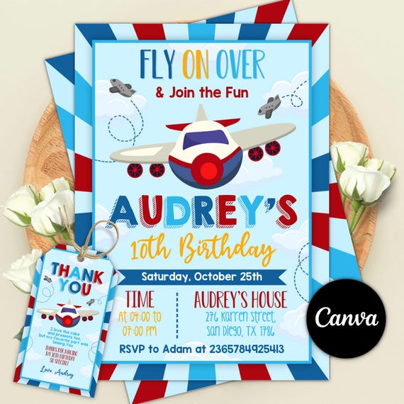 Airplane Birthday Invitation Template, Airplane Invitation, Pilot Birthday Invitation, Airplane thank you tag, Editable Canva Template