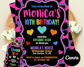 Rainbow Cheetah Birthday Invitation, Colorful Party Decor (Digital Download)