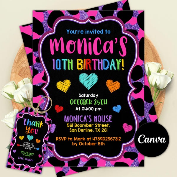 Rainbow Cheetah Birthday Invitation, Colorful Party Decor (Digital Download)