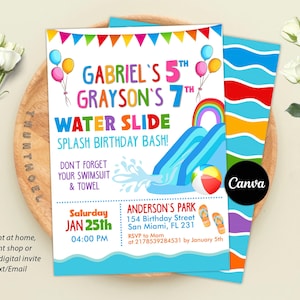 Puede incluir: Una colorida invitación de cumpleaños con el texto "Gabriel's 5th, Grayson's 7th Water Slide Splash Birthday Bash!" presenta un gráfico de tobogán acuático, globos y un arcoíris. Incluye detalles del evento e información de RSVP.