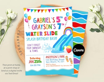 Invitación de cumpleaños con tobogán acuático, fiesta de cumpleaños conjunta con tobogán acuático, gemelos, fiesta con tobogán acuático, invitación para fiesta acuática para niño y niña