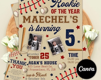 Editable Baseball Birthday Invitation, Rookie of the Year invitation, Sport Slugger Game, Softball Birthday Invitation, Canva Template