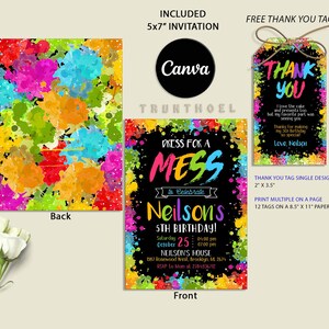 May include: A colorful invitation for a 5th birthday party with the text "Dress for a Mess to Celebrate Neilson's 5th Birthday!" The invitation has a black background with colorful paint splatters around the edges. The text is in a rainbow of colors. The back of the invitation is a pattern of colorful paint splatters.