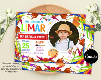 Painting Party Invitation with Photo, Art Birthday Party, Paint Party Invites, Painting Party, Editable with Canva