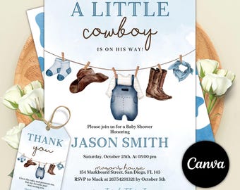 Editable Cowboy Baby Shower Invitation, A Little Cowboy Baby Shower Invite, Wild West Western Theme, Boy Blue Outdoors Rodeo Country, Canva