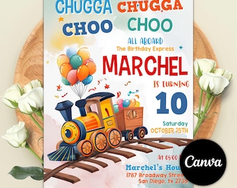 Train Birthday Invitation, Watercolor Train Party Invite, Kids Any Age Bday Card, Chugga Chugga, Choo Choo, Editable Canva Template