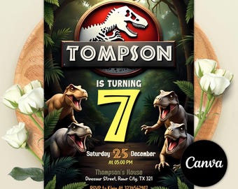 Invitación de cumpleaños de dinosaurio T-Rex, invitación para fiesta temática de Jurassic World, celebración en el bosque de aventuras, parque de dinosaurios, plantilla editable de Canva