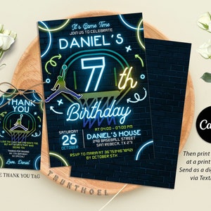 Editable Basketball Invitation, Basketball Birthday Invitation Template, Basketball Party Invitation, Sport Theme Invite, Neon Invitation