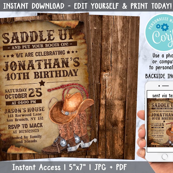 Country Western Uitnodiging, Rustiek Hout, Cowboyhoed en Lasso, Instant Download, Bewerkbaar met CORJL