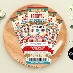 Karnevalsticket-Geburtstagseinladung, Zirkusticket-Einladung, Karnevalseinladung, Sofortiger Download, Editbale in Canva