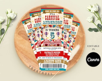 Carnival Ticket Birthday Invitation, Circus Ticket Invitation, Carnival Invitation, Instant Download, Editbale in Canva