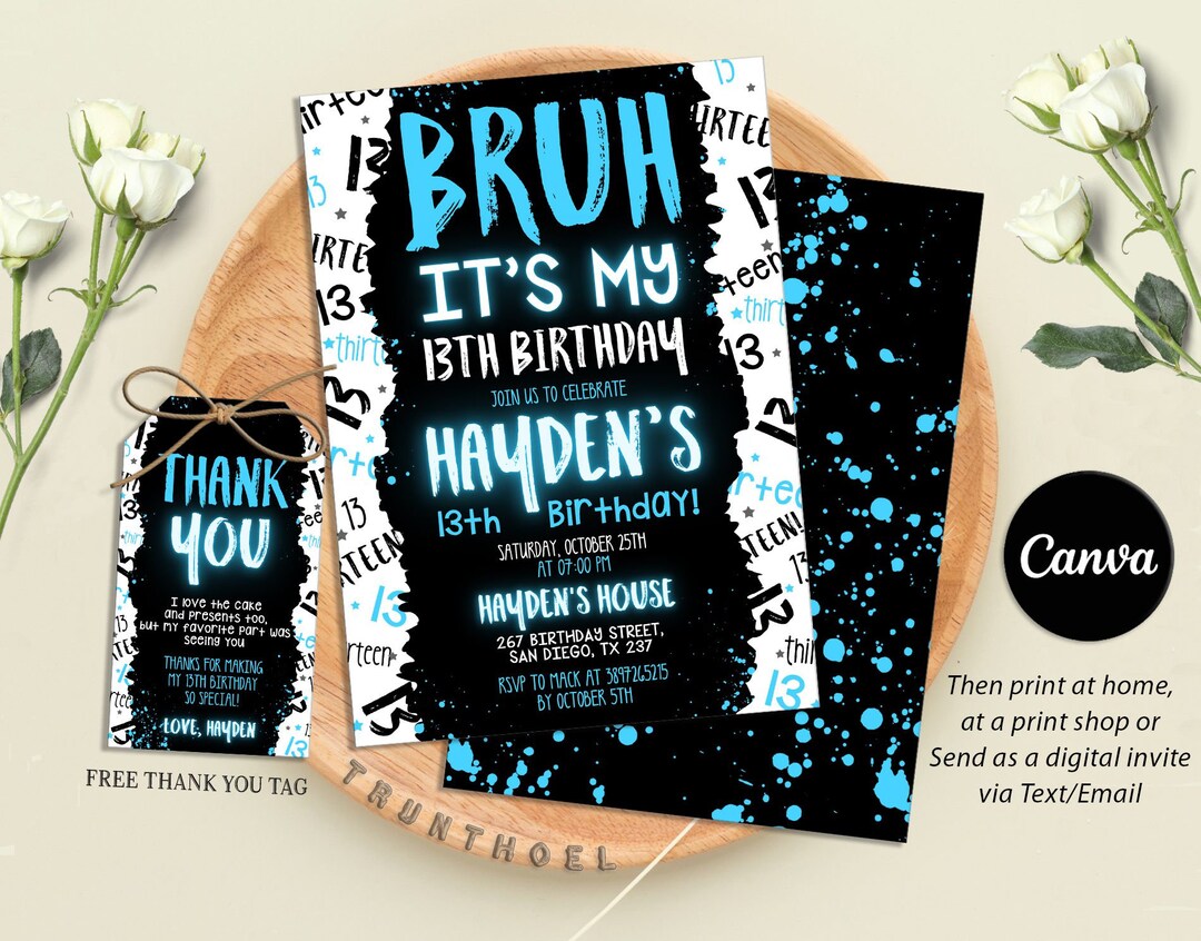 Boy 13th Birthday Invitation, Bruh Invitation, Bruh It