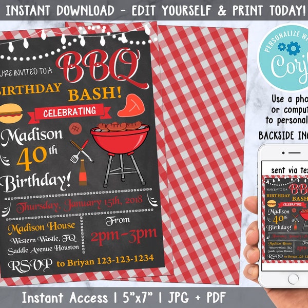 BBQ Birthday Party Invitation, 40th Birthday Invitation, Backyard Bar-B-Que, Barbeque, Printable Birthday Card, Digital Corjl