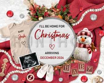 Weihnachten Digitale Schwangerschaftsankündigung, fällig im Dezember Babyankündigung, geschlechtsneutral, bearbeitbare Vorlage, ich werde Weihnachten zu Hause sein