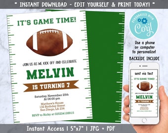 Football Invitation, Football Birthday Invitation Printable, Sports Party Invite, Football Game Time Invitation, Editable with Corjl