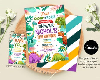 Bearbeitbare Dinosaurier-Geburtstagseinladung, Dinosaurier-Party-Thema einladen, Jungen-Mädchen-Einladung, jedes Alter, bearbeitbare Canva-Vorlage