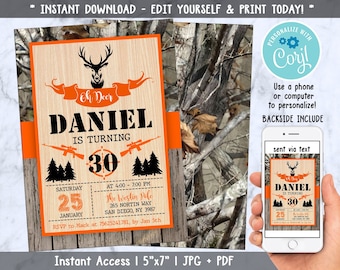 Hunting Birthday Invitation, Camo Birthday Deer Birthday Invitation, Hunting Birthday Party, Deer Birthday Invitation, Digital Corjl