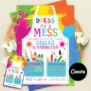 Uitnodiging voor verjaardagsfeestje kunst, Dress for a Mess-thema (digitale download)