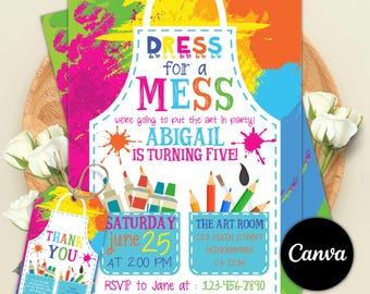 Art Birthday Party Invitation, Dress for a Mess Theme (Digital Download)