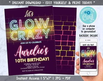 Glow Birthday Invitation, Neon Glow in The Dark Party, Glow Crazy, Rainbow Invitation, Editable with Corjl