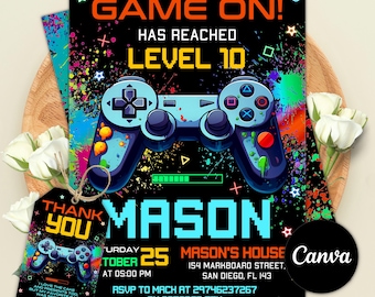 Redigerbar födelsedagsinbjudan till videospel, Game On Level Up Gaming-festinbjudan, Gamer-födelsedagsfest, digital nedladdning, Canva-mall