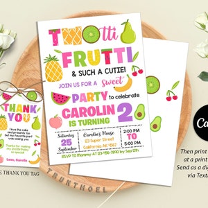 Convite de festa de aniversário Twotti Frutti, cartão de aniversário frutado de menina, convite para impressão Tutti Fruitti, convite digital, CanvaL