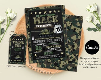 Editable Military Party Invitations, Army Birthday Invitation, Soldier Birthday Invitation, Military Invite, Camouflage Any Age Invites