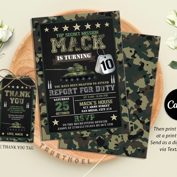 Editable Military Party Invitations, Army Birthday Invitation, Soldier Birthday Invitation, Military Invite, Camouflage Any Age Invites