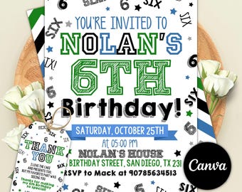 Boy 6Th Birthday Invitation, Boy Birthday Invites, Boy Number Invitations, Editable Canva Template