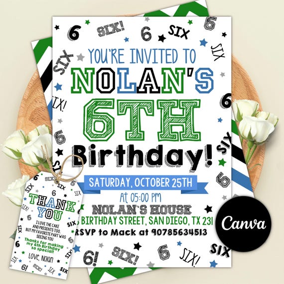 Boy 6Th Birthday Invitation, Boy Birthday Invites, Boy Number Invitations, Editable Canva Template