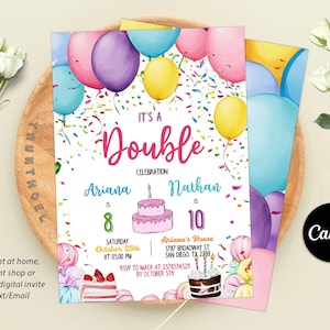 Double Birthday Invitation, Sibling Birthday Party Invite, Join Birthday Party Invite, Two Birthday Invite, Editable Canva Template