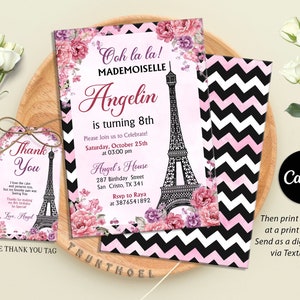 Invitación de París, Invitación de cumpleaños de París, Invitación a fiesta de París, Invitación temática francesa, Editable en Canva