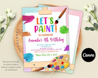 Invitación artística editable, invitación de cumpleaños artística, invitación a fiesta artística, invitación a pintura colorida, invitación a acuarela, Canva digital